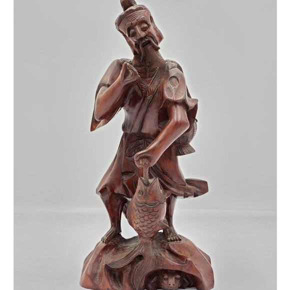 Vintage Asian Chinese Fisherman Hand Carved Wooden Sculpture Sage Elder Fish 12" - Picture 14 of 16